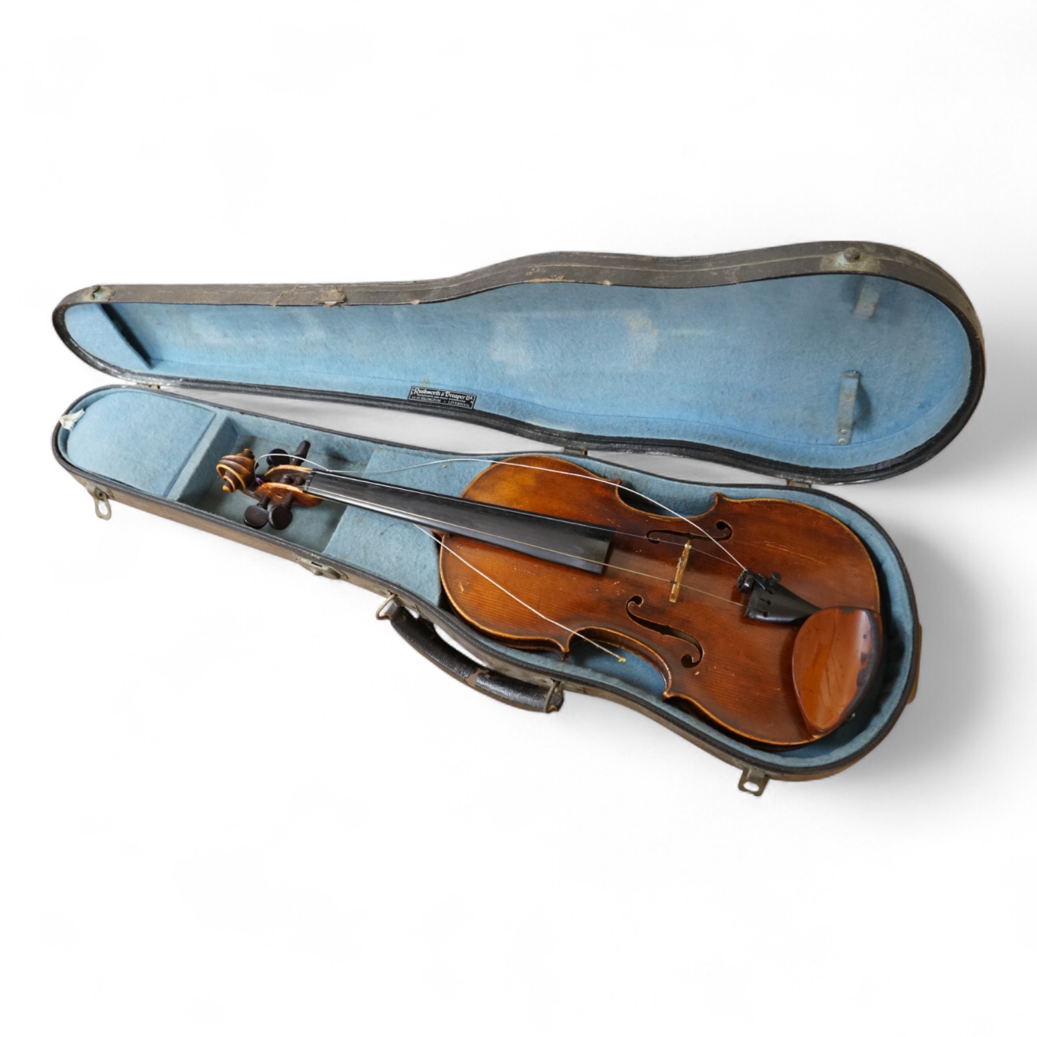 An 18th century violin after Klotz school, 36cm body, with a well cut scroll and an Hill reference number (1191) to the bottom end of the fingerboard, in a Rushworth and Draper case.